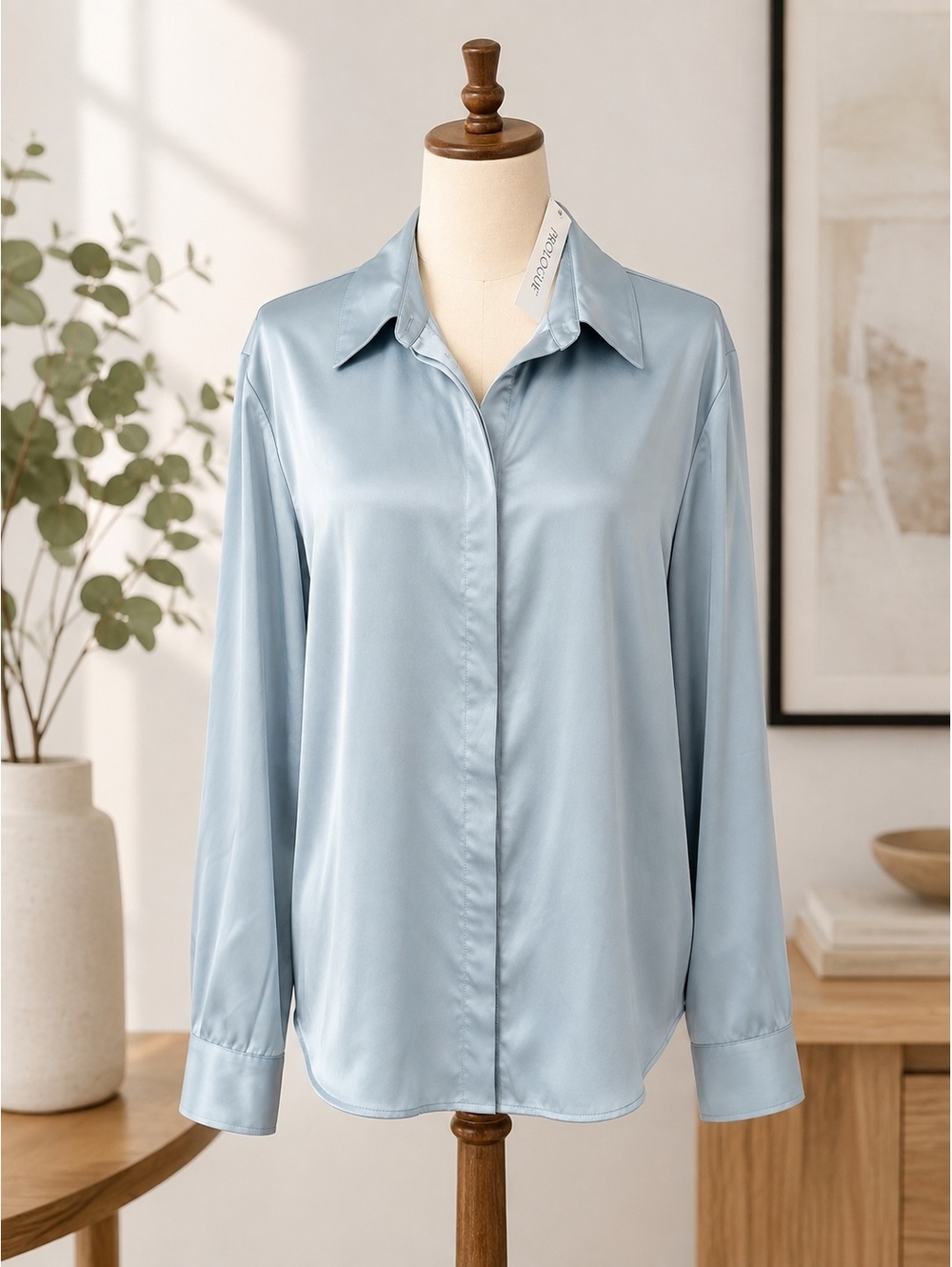 Prologue Satin Button-Up Blouse Women’s Large Light Blue Gray NWT